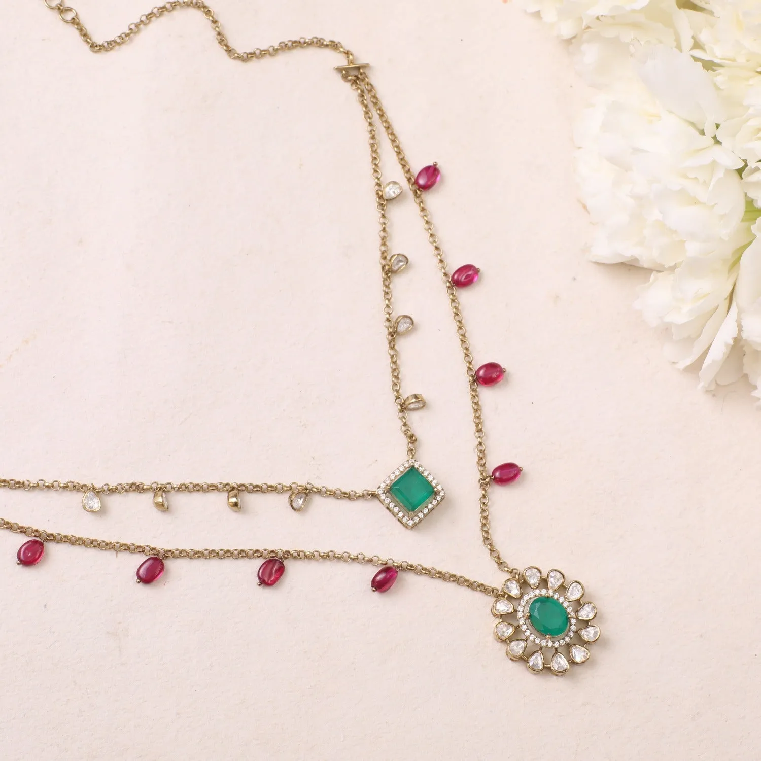 Aarzoo Moissanites and Gemstone Silver Layered Necklace