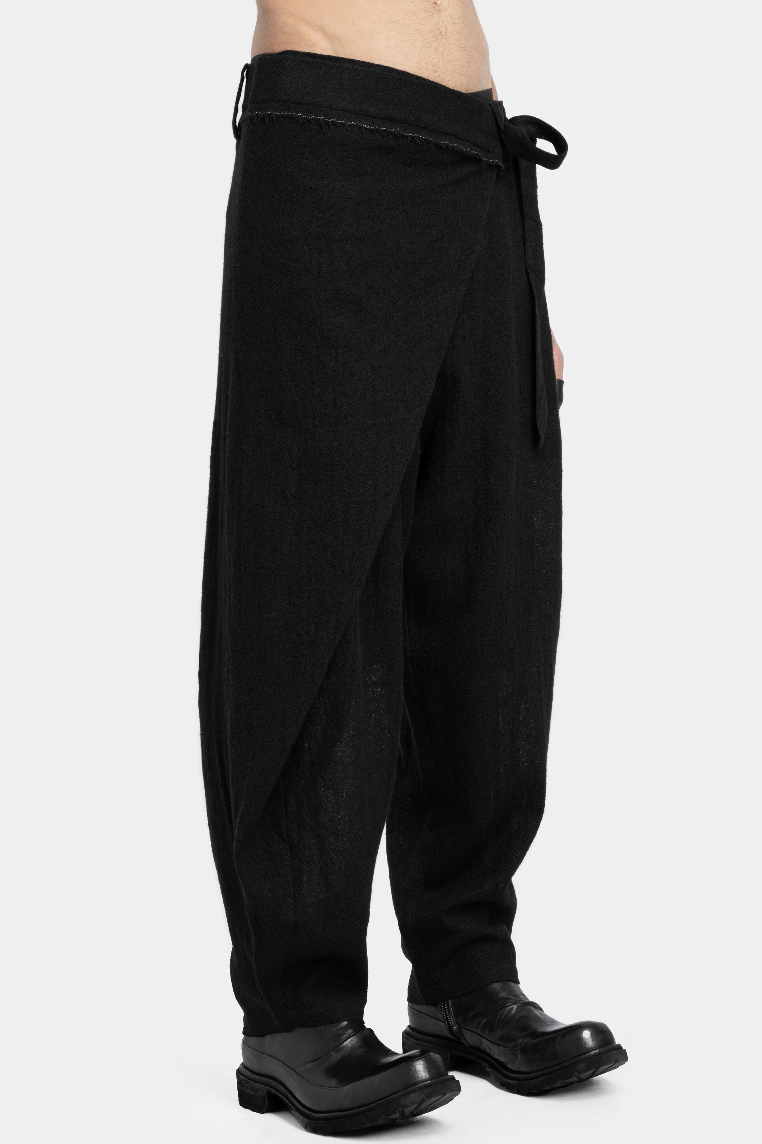 Asymmetrical skirt overlay worsted wool pants