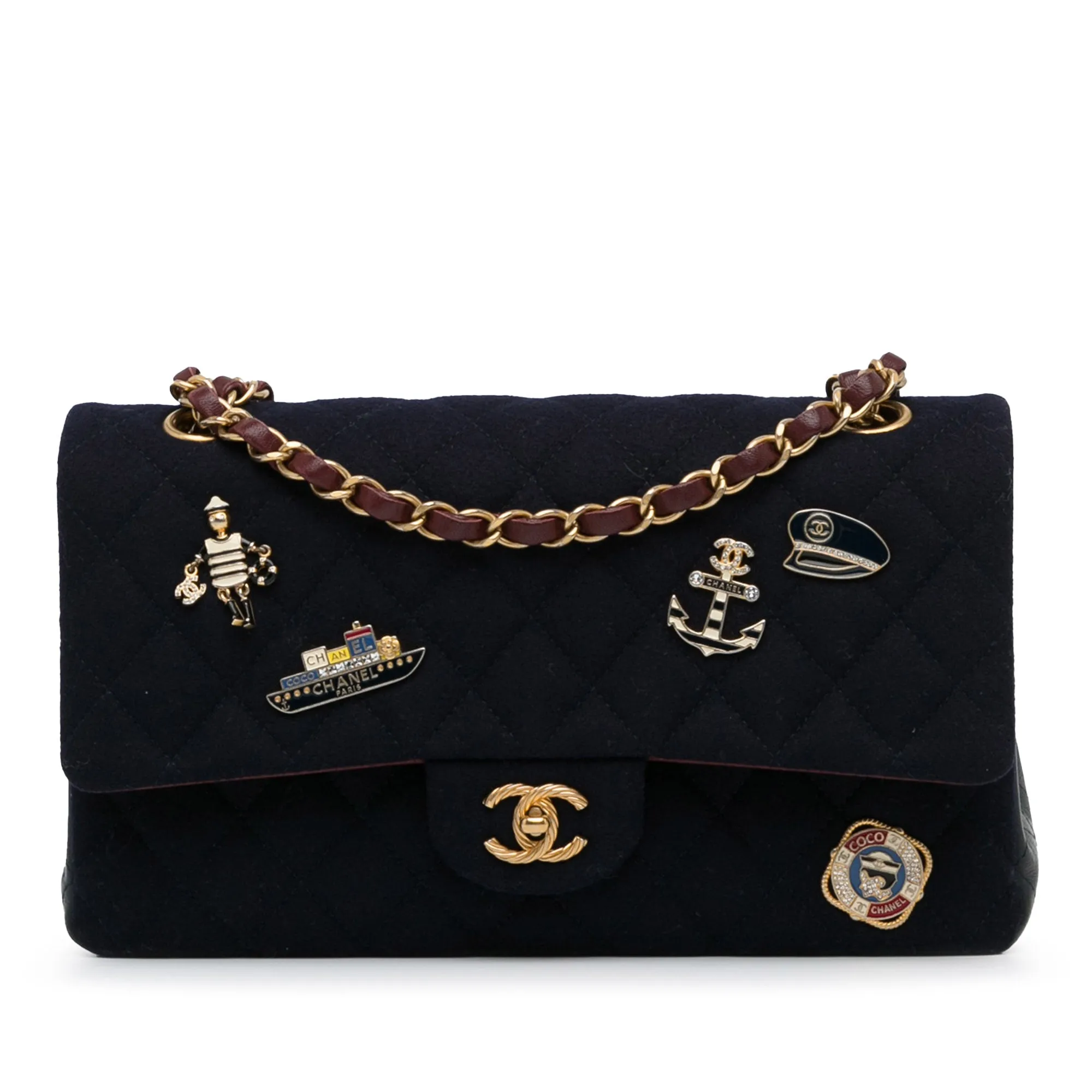 Chanel Classic Double Flap Paris-Hamburg Charms Medium Blue Wool Lambskin Gold