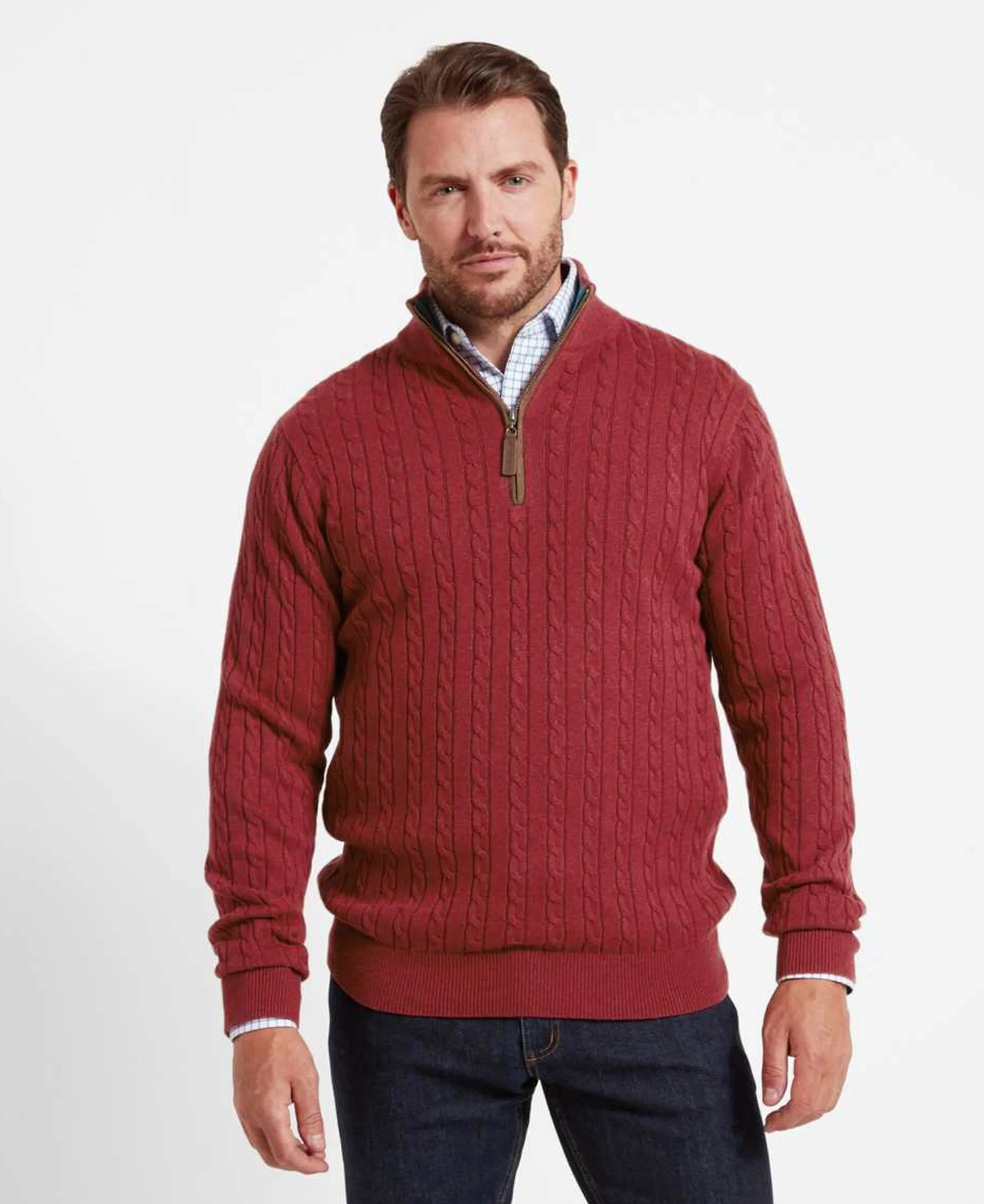 Cotton Cashmere 1/4 Zip Cable Knit Jumper - Chilli