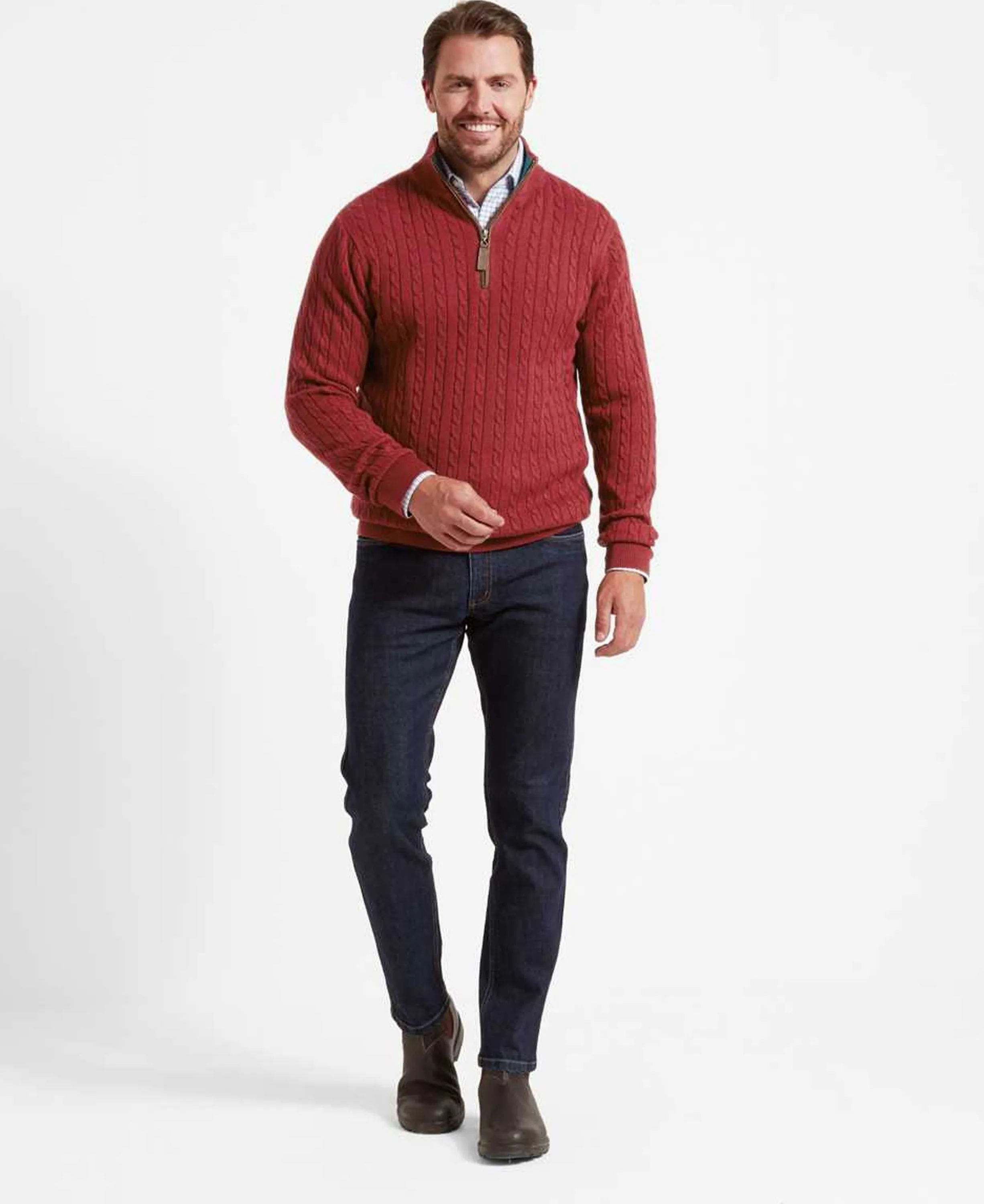 Cotton Cashmere 1/4 Zip Cable Knit Jumper - Chilli