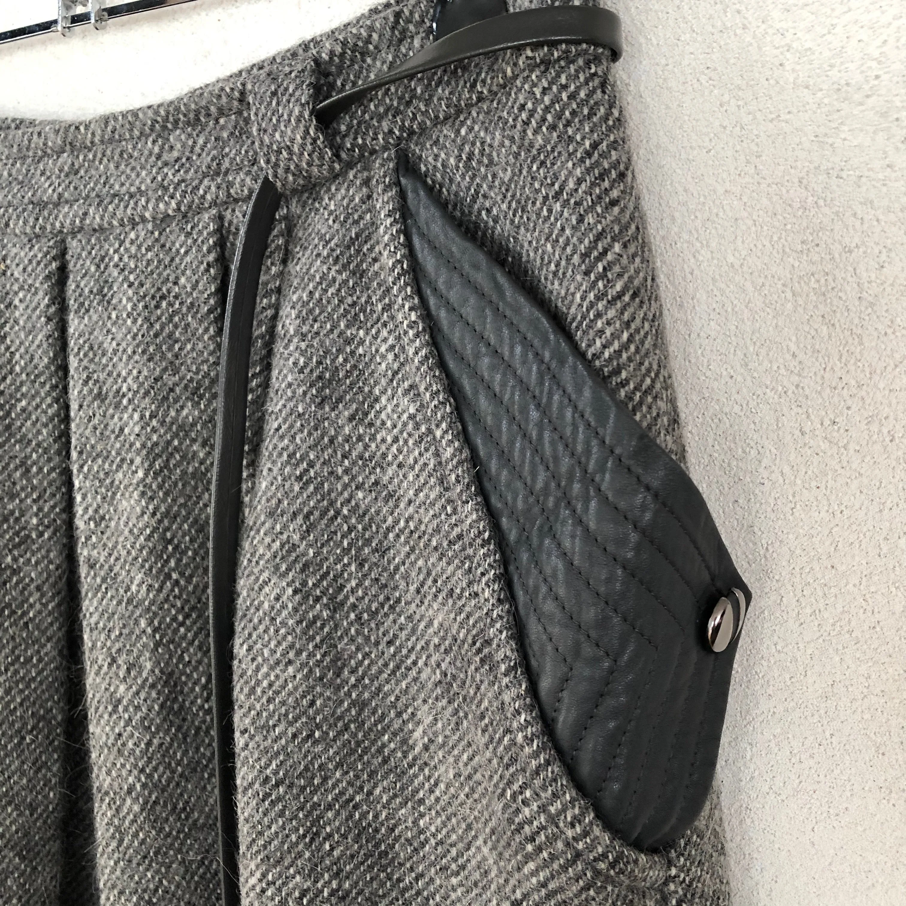 Gray Wool Midi Skirt With Leather Detail