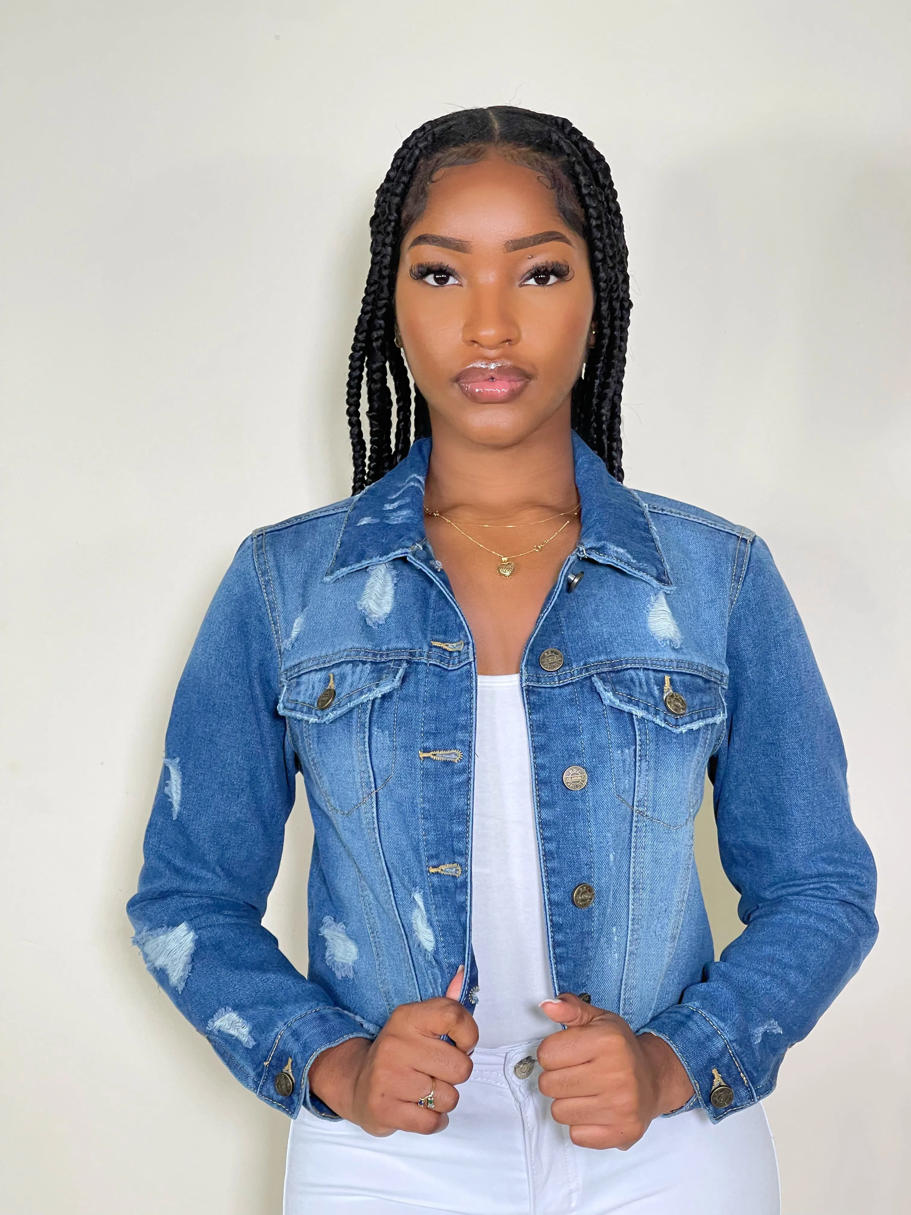 Reese Crop Destructed Denim Jacket-Classic Blue