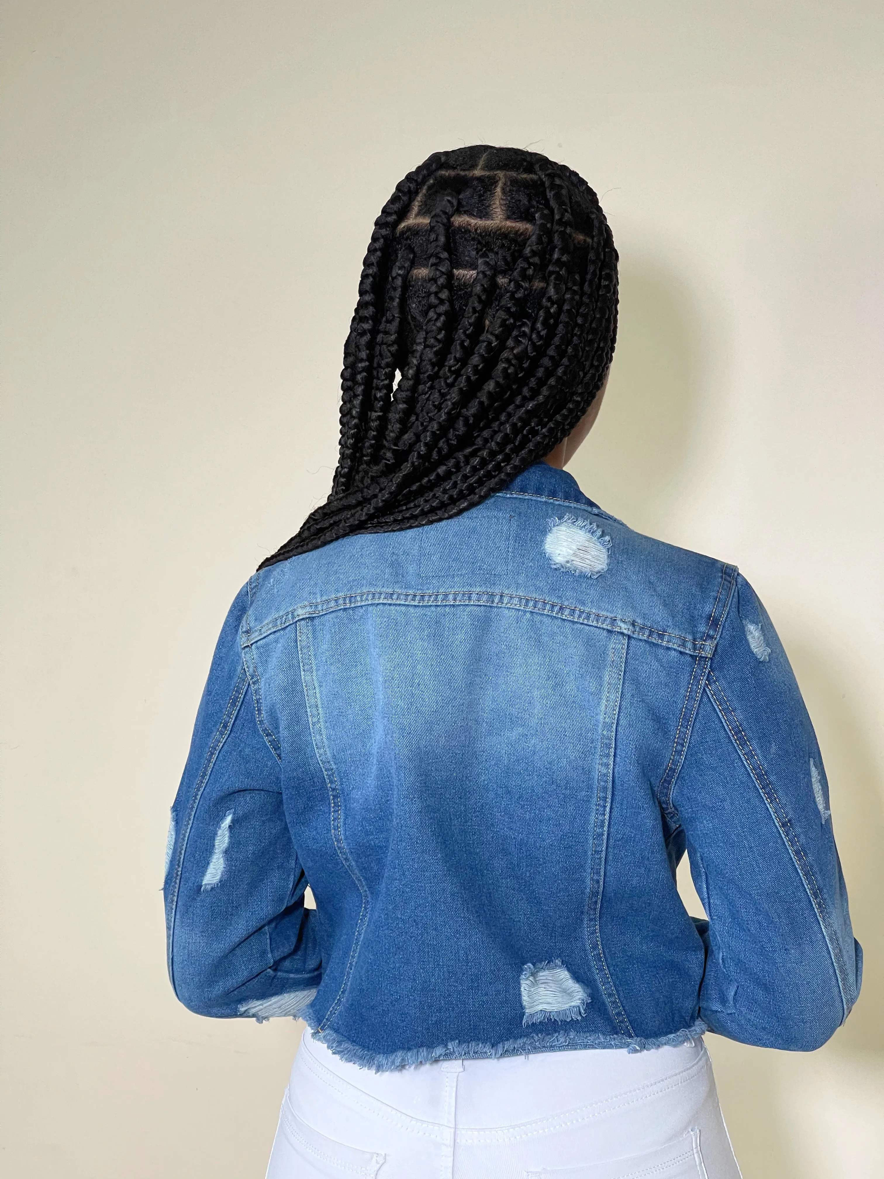 Reese Crop Destructed Denim Jacket-Classic Blue