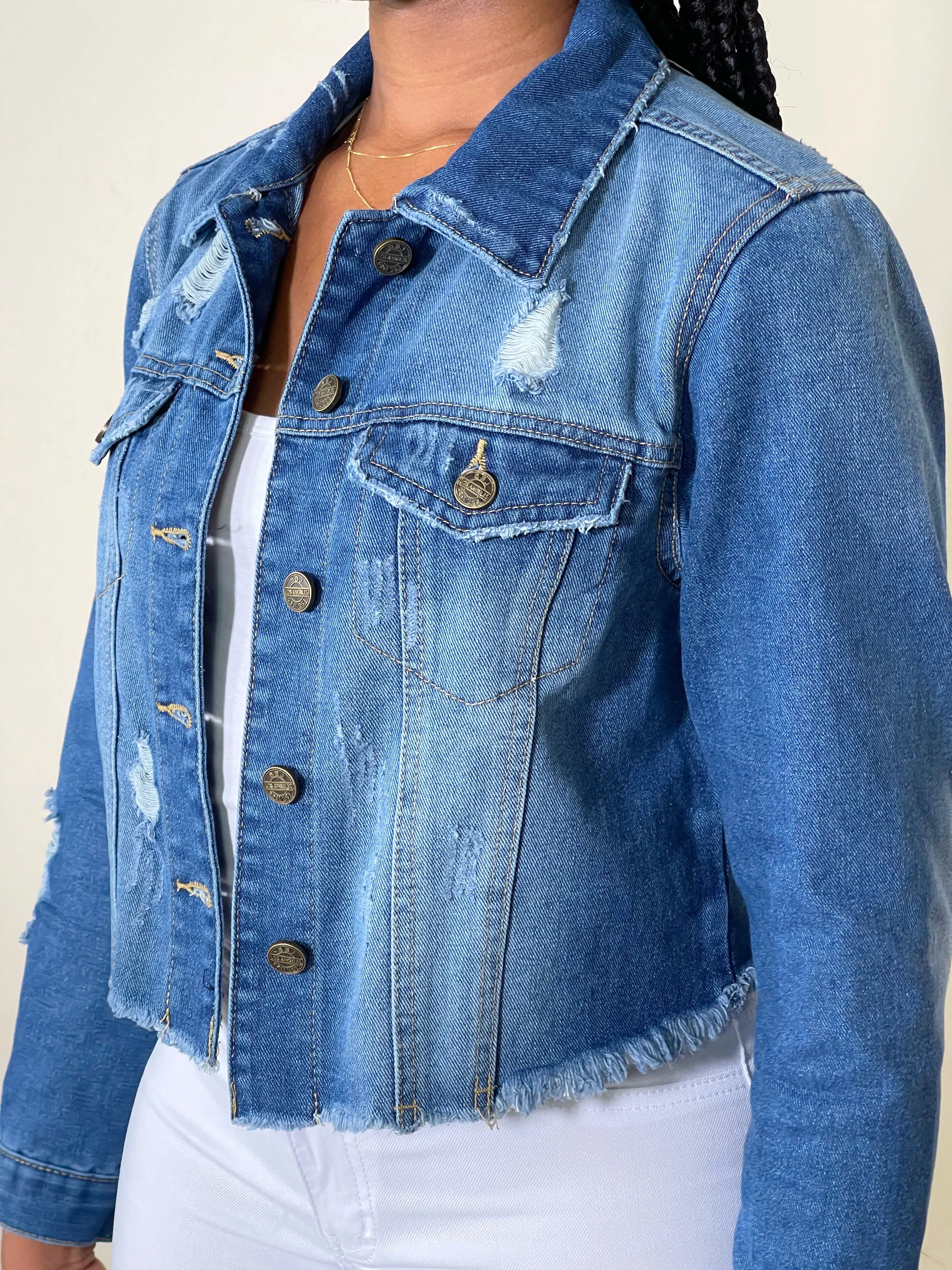 Reese Crop Destructed Denim Jacket-Classic Blue