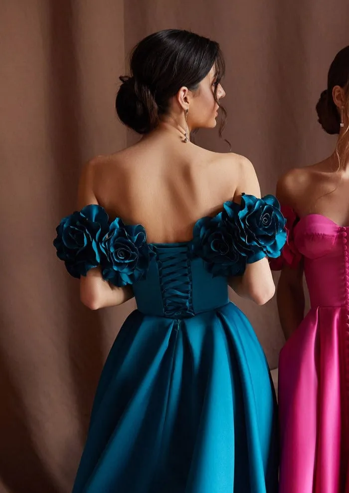 Romantic Off-Shoulder Satin Midi Prom Dress