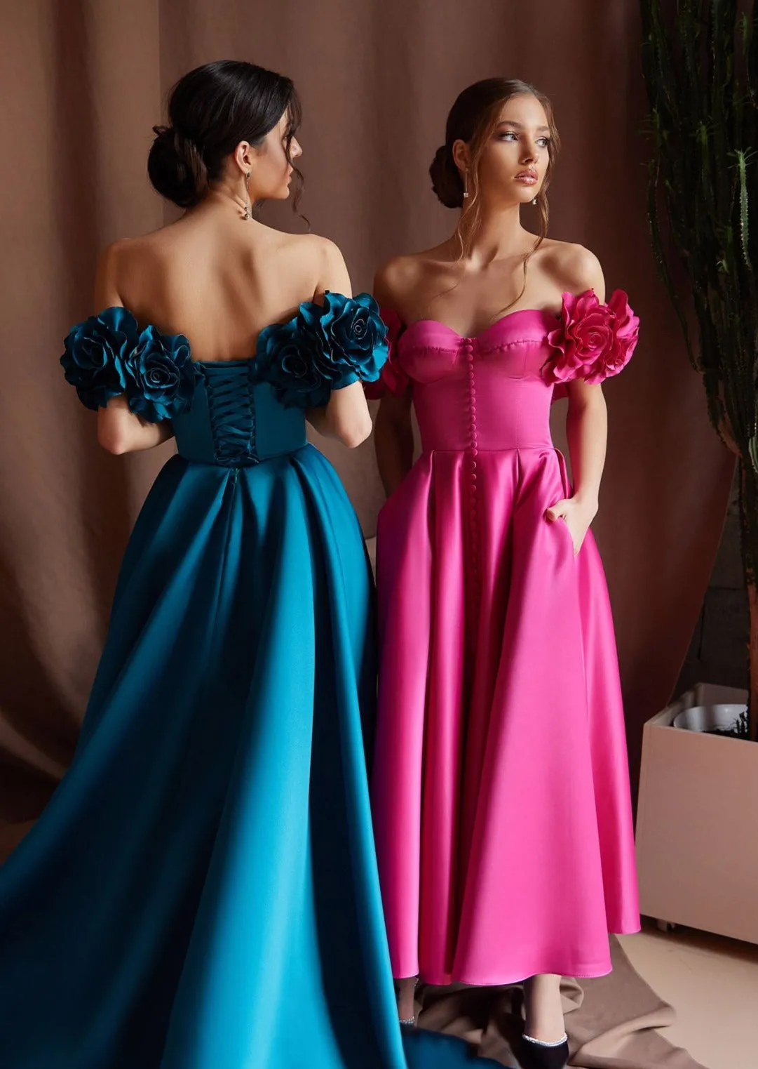 Romantic Off-Shoulder Satin Midi Prom Dress